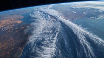 A satellite image showing the immense size and reach of an atmospheric river stretching for thousands of miles.