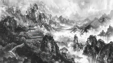 Japanese temple with mountains, ink painting