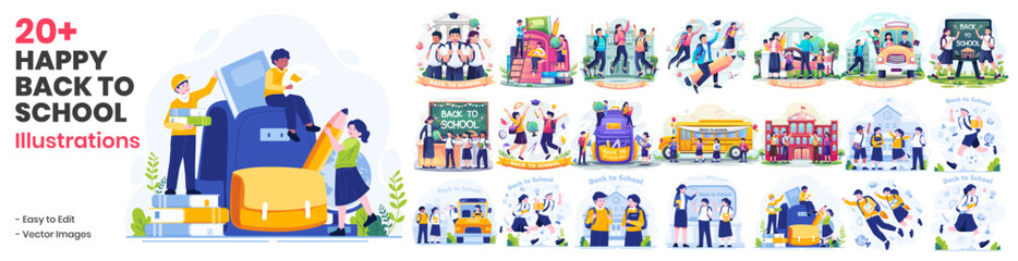 Mega Collection of Back to School Illustrations. Students are happy to go Back to School. Cute School Boy and School Girl. Flat-style vector illustration