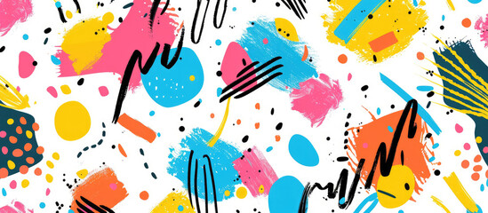 Playful abstract background with bright brush strokes and colorful shapes in Memphis pattern style