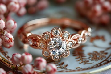 A gold and diamond ring with a flower design sits on a white plate