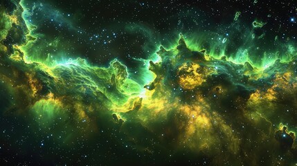 Fototapeta premium A spectacular space galaxy scene showcasing glowing nebula clouds in radiant greens and yellows, with a starry night sky beyond.