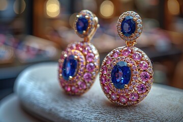 A pair of earrings with blue and pink stones