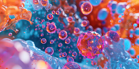 3D rendering of a colorful background with microscopic molecules, cells and geometrical shapes in the style of microscopic art. Concept for science or medical research on the theme of "cells" stock ph