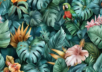Rideaux Imprimé botanique patrons parrot in tropical forest, parrots in botanical paradise, botanical illustratio, vintage botanical illustration  © SASI   SPACE