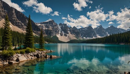  vivid blue lake in the Canadian Rockies, surrounded by snow-capped mountains and evergreen trees