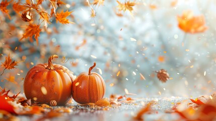 Fall background with orange pumpkins and fall leave on a ground