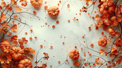 Fall background with orange pumpkins and fall leave on a ground