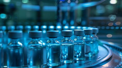 Rows of vaccine vials in a pharmaceutical manufacturing plant, showcasing precision and advanced medical technology in vaccine production.