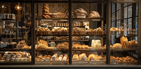 A photo of the interior front counter display in an elegant bakery, showcasing various breads and pastries on shelves behind glass windows. The background features warm lighting and rustic wood