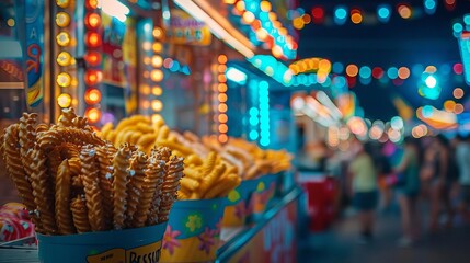 Show a churro stand at a carnival, with colorful lights and a joyful crowd in the background, Close up