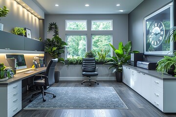 A modern office with a black chair and a black desk