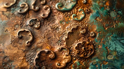 Show a detailed closeup of the surface of a bronze artifact, revealing the intricate patterns and patina developed over time, Close up