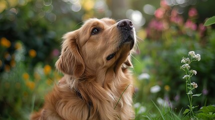Show a dog participating in scent training, using its nose to find hidden treats or objects in a garden, Close up