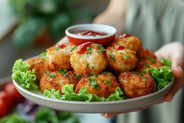 A person is holding a plate of food with a variety of fried foods