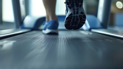 Close up view of feet wearing shoes sneakers running on treadmill inside gym studio. Sport gym background.