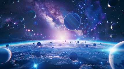 A VR ride that takes passengers on a journey through outer space zooming past planets and stars.