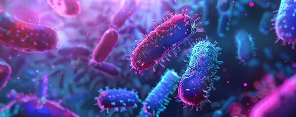3D render of colorful bacteria in the human body, microbes under a microscope view, medical background with copy space for a packaging design or science concept banner. Bright and shocking blue and pu