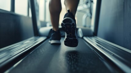 Fototapeta premium Close up view of feet wearing shoes sneakers running on treadmill inside gym studio. Sport gym background.