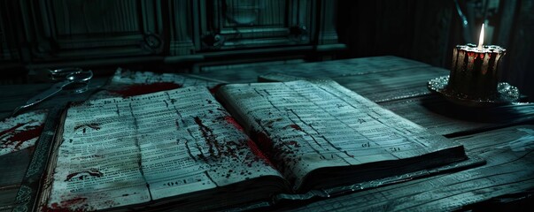 haunted ledger with bloodred ink recording companys financial downfall, Horror, Dark tones, , Creepy and ominous