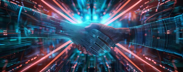 A virtual handshake in a futuristic digital environment sealing a business deal, Scifi, Neon lights, 3D modeling, Hightech and immersive