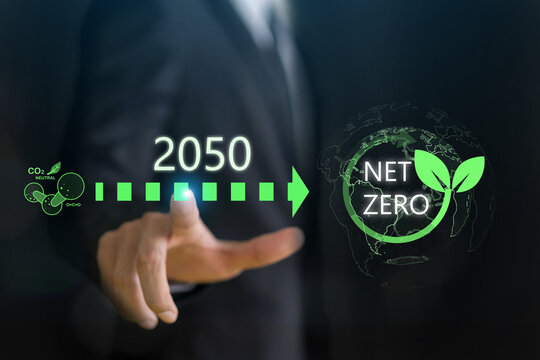Businessman point at net zero carbon emission target for 2050, sustainability, environmental responsibility and corporate commitment to reducing carbon footprint, CSR, renewable energy, eco-friendly