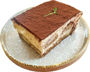 Tiramisu Cake on white background.