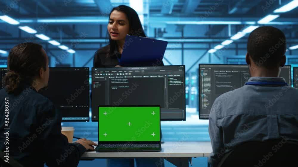 Poster green screen laptop in data center in front of manager and it support specialists working together, 
