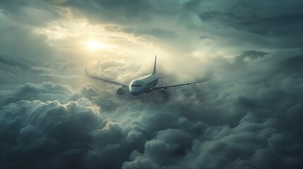 Aerial view of an airplane flying through a stormy sky with visible air pockets causing turbulence