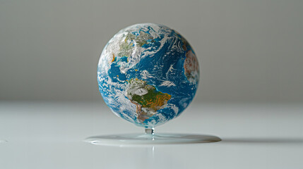 Earth Sphere on White Surface with Reflection -  Earth sphere resting on a white surface with a subtle reflection, symbolizing global awareness and environmental conservation.