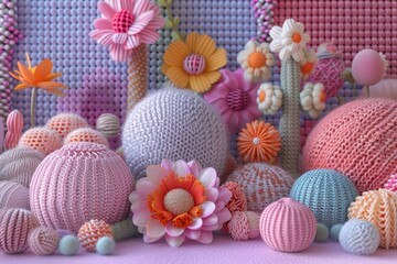 3D rendering of various pastel colored balls and flowers made from wool, in the background is a knitted wall with many different knits.