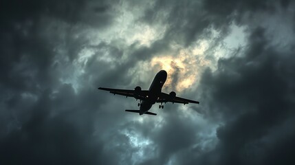 Majestic Airplane Silhouetted Against Dramatic Stormy Sky with Visible Air Currents