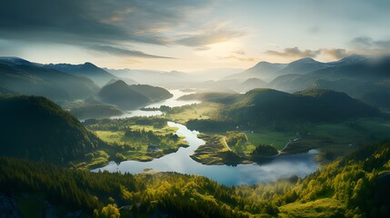 Morning landscape aerial view with green forest, mountains, lake, and sunrise sky, water and forest sustainability concept - Powered by Adobe