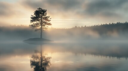 A mystical foggy lake at dawn, with the silhouette of a lone tree reflected in the water.  - Powered by Adobe