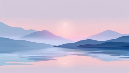 minimalist, surrealistic landscape with floating mountains and a calm lake, pastel colors, gradient sky, soft lighting, reflections on the water surface, delicate texture of hills, tranquility.