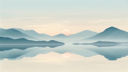 minimalist, surrealistic landscape with floating mountains and a calm lake, pastel colors, gradient sky, soft lighting, reflections on the water surface, delicate texture of hills, tranquility.