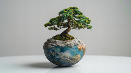 Earth Bonsai - a bonsai tree growing out of a model of the Earth, with a simple background, symbolizing environmental protection and the harmony of nature.