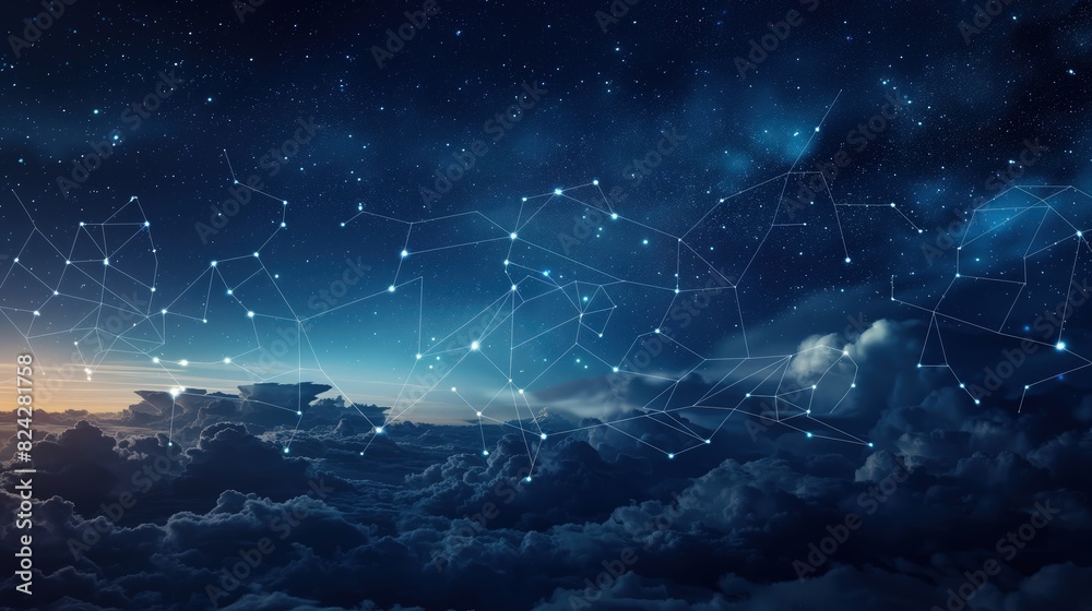 Wall mural a night sky scene where instead of stars, there are points of light representing data nodes, connect
