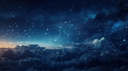 A night sky scene where instead of stars, there are points of light representing data nodes, connected by digital clouds that form a network across the heavens. 