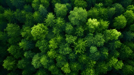 Fototapeta premium Drone's aerial perspective of lush green trees in the forest, capturing CO2 absorption, illustrating the concept of carbon neutrality and net zero emissions, promoting a sustainable green environment