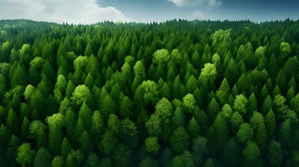 Aerial view of verdant forest from drone, highlighting CO2 absorption by green trees, symbolizing carbon neutrality and net zero emissions, advocating for a sustainable and eco-friendly environment