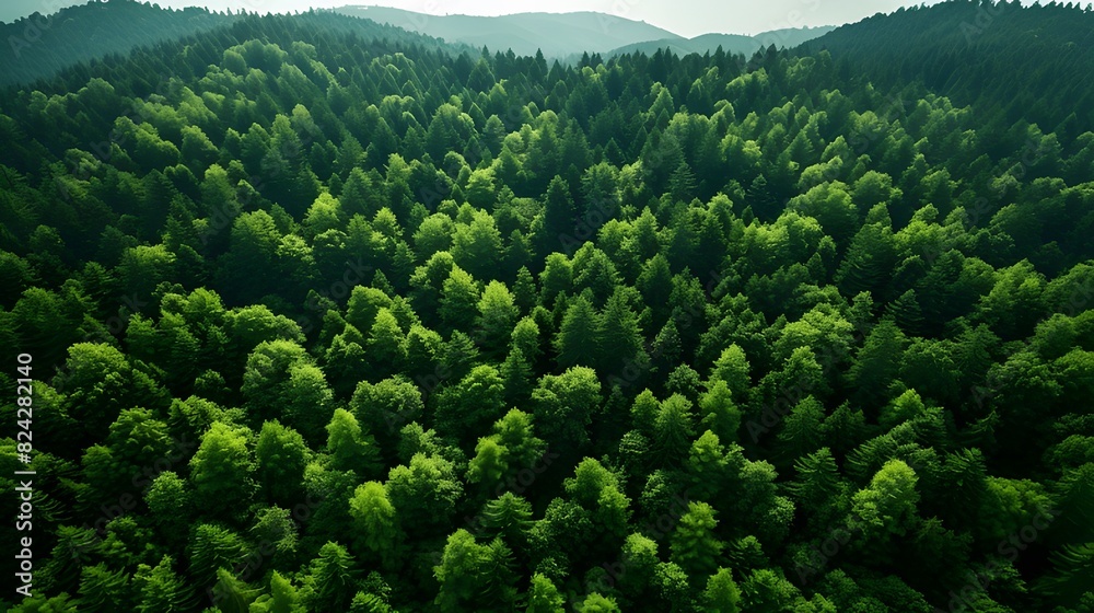 Canvas Prints Aerial top view of green trees in forest. Drone view of dense green tree captures CO2. Green tree nature background for carbon neutrality and net zero emissions concept. Sustainable green environment