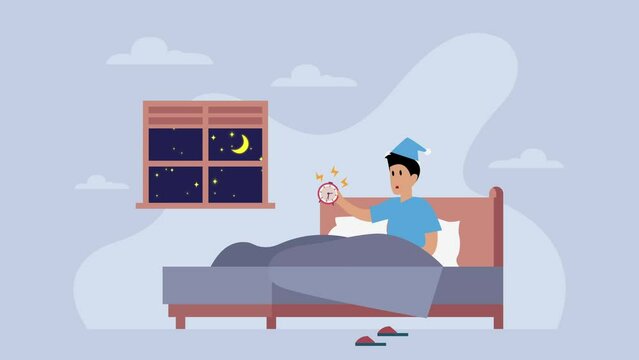 Man in bed waking up in the morning holding an alarm clock cartoon animation