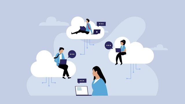 people sitting on the clouds in the sky using laptop and working on a cloud cartoon animation