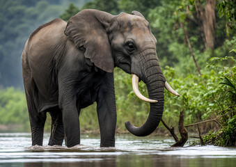 Obraz premium An African forest elephant (Loxodonta cyclotis) by the Lekoli River in Odzala-Kokoua National Park, Cuvette-Ouest Region, Republic of the Congo.