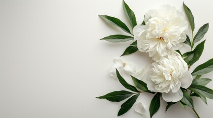 a white peony and olive branch on the right side, on an empty background. Web banner with space to the left in the style of copy space.