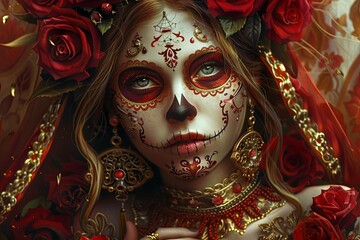 Beautiful sugar skull girl surrounded by roses. Traditional Mexican folklore art in red and amber hues.
