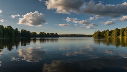 Fototapeta premium wide, calm lake on a partly cloudy day.