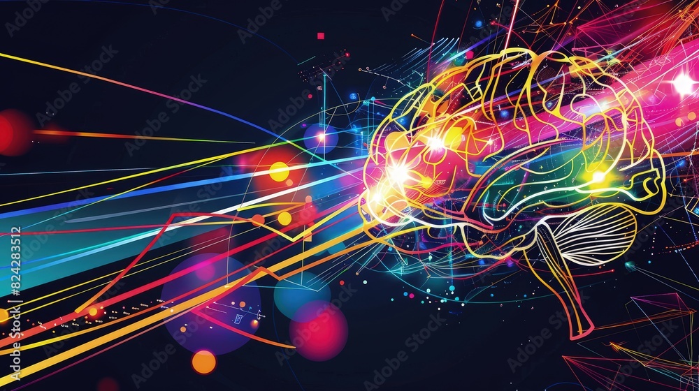 Wall mural a vibrant creative idea illustration depicting a brain-like structure with colorful light beams and 