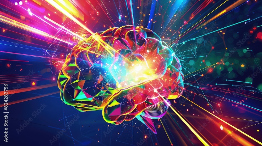 Wall mural a vibrant creative idea illustration depicting a brain-like structure with colorful light beams and 